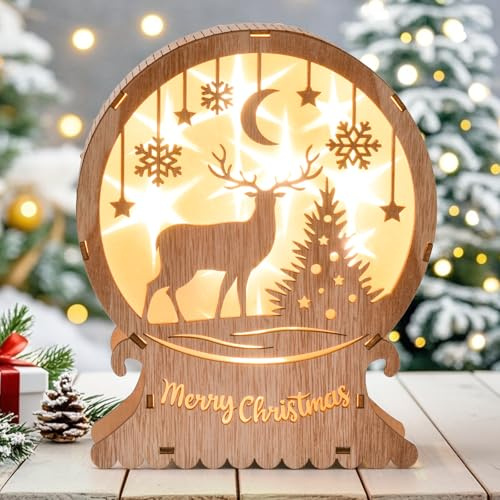 DAOUZL Weihnachtsdeko, Weihnachtsdeko Holz, Weihnachtsdeko Beleuchtet Innen, LED Weihnachtsschmuck Holz, LED Elch Licht, Leuchtende Weihnachtsdeko, Weihnachtsdeko Fnster Stehend, Batteriebetrieben