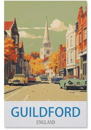 BEAYODKP Malen Nach Zahlen Erwachsene Kinder，Guildford Vintage Reiseplakat England，Leinen Segeltuch, DIY Ölgemälde Weihnachten Geschenke Ohne Rahmen Wand Kunst Hauptdekoration（30x40cm）-H42
