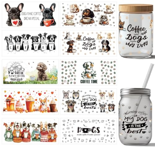 arricraft 10 Stück Süßer UV DTF Cup Wrap Transferaufkleber Mit Hund 10 Stile Kaffee Cartoon Transferpapier Zum Aufreiben von Aufklebern PVC Cup Wrap Wasserdichte Abziehbilder Für Tassen Und Gläser