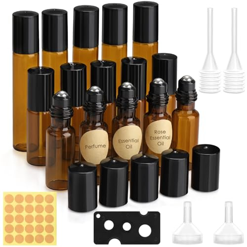 MELLIEX 15 st vakuumrulle för eteriska oljor, 10/5 ml brun rulle på flaska tomma flaskor behållare med boll i rostfritt stål för parfymer aromaterapi massage