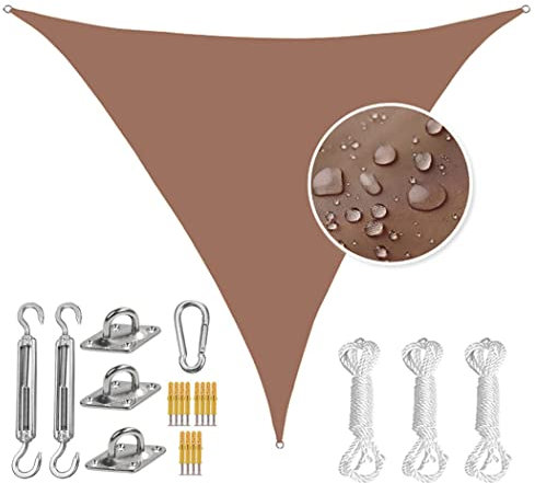 Waterproof 3.6M Triangle Sun Shade Sail Canopy Cover for Patio with Heavy Duty Stainless Steel Hardware Kit Ideal for Backyard Lawn Garden Pool Carport Brown Color
