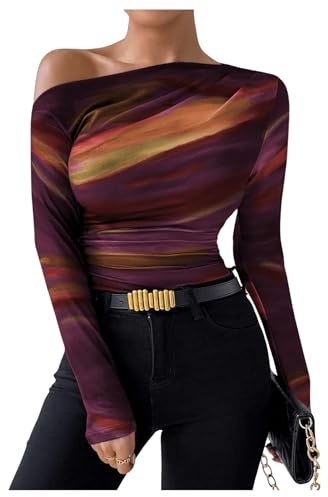 GORGLITTER Women's Long Sleeve Off The Shoulder Crop Tops Going Out Slim Fit Y2K T Shirts Purple M