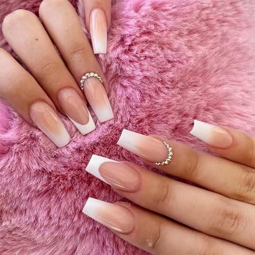 Kit Unghie Finte a Bara 24 Pezzi Francese Bara Unghie Finte Acrilico Lucido di Cristallo Artificiale Premere Balletto Donne Ragazze Media Lunghezza per Decorazione Nail Art Fai Da