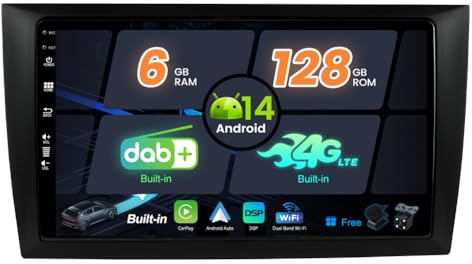 SXAUTO Android 14 - Built-in 4G LTE DAB - 6G+128G - Autoradio für VW Golf 6 (2008-2016) GPS Navi Radio - WiFi - CarPlay Android Auto - Kamera + MIC - DSP Lenkradsteuerung - QLED 9 Zoll 2 Din 8-Core