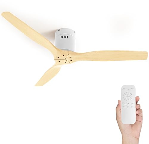 LARDECOR - Ventilador de Techo Moderno y Silencioso con Mando a Distancia, 6 Velocidades, Temporizador, Aspas de Madera, Motor DC y Función Verano-Invierno, Ø132 cm (Madera Clara)