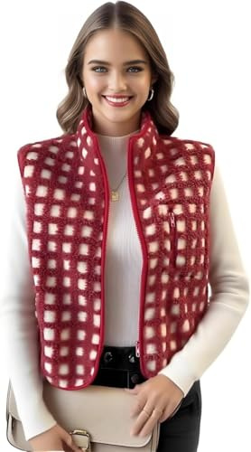 Fumxincg Women's Checkered Sherpa Fleece Vest Sleeveless Zip-Up Cardigan | High Collar Winter Warm Vest | Autumn Winter Cozy Fleece Outerwear for Women (UK, Alpha, XL, Regular, Regular, Red)