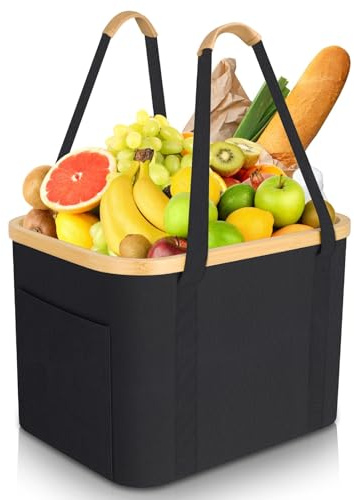 FTUREERA Einkaufskorb Faltbar, 32L Einkaufskorb Groß Tragekorb Stabiler Einkauf-skorb mit PU-Ledergriff, Einkaufstasche Faltbar für Picknick, Einkaufen, Reisen, Geschenk - Schwarz