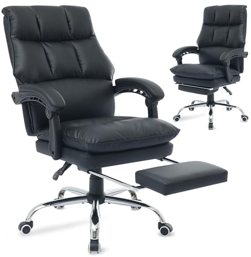 SEEDWAVE Ergonomischer Bürostuhl mit Fußstütze, PU-Leder Chefsessel mit 155° Verstellbare Rückenlehne, Schreibtischstuhl Tragfähigkeit von 150 kg (Schwarz)