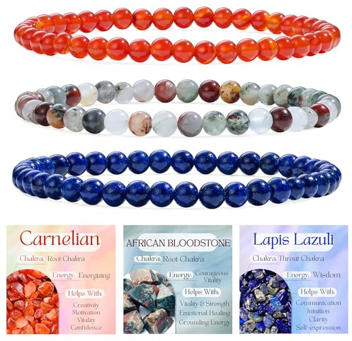 Bivei 3 Piezas 6mm pulseras piedras naturales - Cornalina, Jaspe Sangre Africana, Lapislázuli - Pulsera Piedras Naturales Mujer Hecha a Mano para Yoga, Meditación y Regalos de Protección
