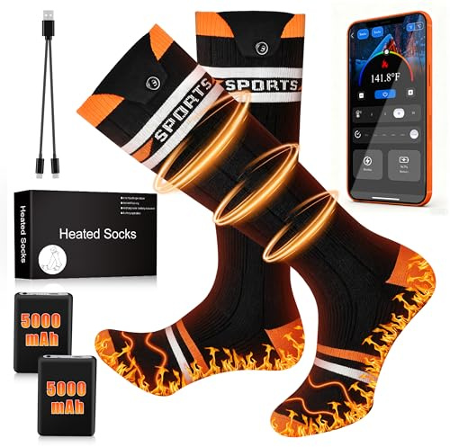 Aragallant Calze Riscaldate a Batteria con App, 2 x 5000mAH Batteria Calzini Riscaldati con 4 Temperature, USB Riscaldati Scaldapiedi Elettrico Calze per Uomo Donna L'inverno l'intero Plantare