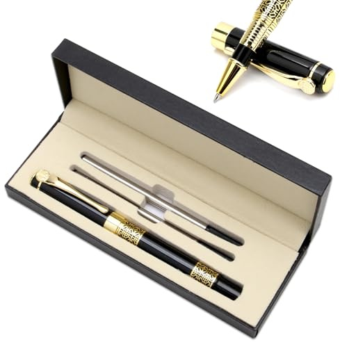 Luxury Metal Rollerball Pen Set 0.5mm Business Ballpoint Pen Gift with Gift Box Extra 2 Ink Refills Fancy Nice Writing Pens Personalised Ball Pens Gifts for Father's Day Birthday Men Women, Black
