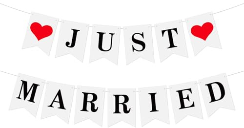 Just Married Girlande,Deko Hochzeit Girlande,Vintage Wimpelkette,Just Married Auto Deko Hochzeit Banner für Wedding Brautdusche Hochzeitszeremonie(Weiß und Schwarz mit Herz)