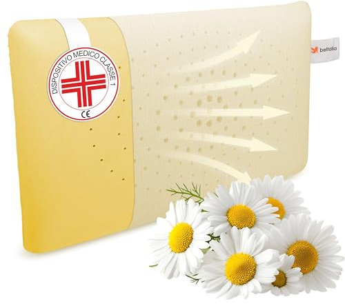 BELTALIA Cuscino Cervicale Memory Foam Aromaterapico – Dispositivo Medico Classe 1 Detraibile – Traspirante con Fori Surround – Fodera Jersey – Made in Italy - (Camomilla Jersey, 73x43 H14)