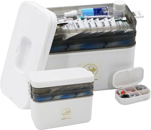 ANEELV Scatola Medicinali 3 Livelli 30x16x25cm, Farmacia Bianco Luna | Grande contenitore medicinali con maniglia. 3 scomparti rimovibili, multifunzionale, elegante & ideale per tutta la famiglia
