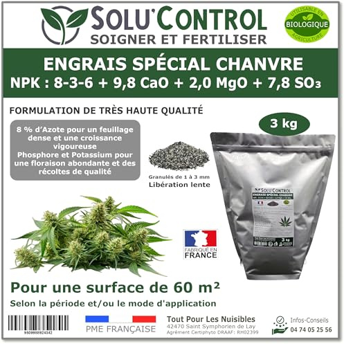 3 kg - Engrais Spécial Chanvre NPK 8-3-6 - Stimule une croissance vigoureuse et un développement harmonieux du chanvre - Utilisable en Agriculture Biologique (UAB) - Fabriqué en France