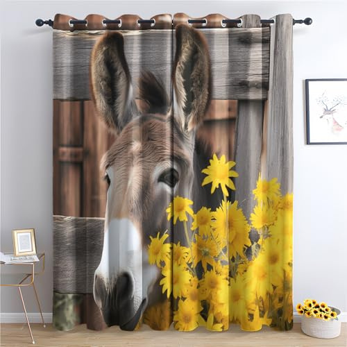 Bauernhoftiere Vorhänge Rustikale Bauernhaus Esel Blumen Vorhang Blickdicht mit Ösen, Verdunkelungsvorhang Gardinen für Schlafzimmer Wohnzimmer Fenster Deko, Blackout Curtain 2er Set H 166 x B 75 cm