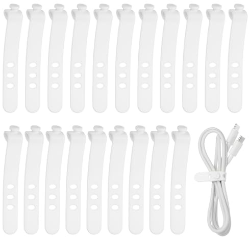 sourcing map 20 bridas de silicona para cables, 3 agujeros, reutilizables, de goma, ajustables, con hebilla de bloqueo, correa de cable multiusos para cables de viaje en casa, oficina, color blanco