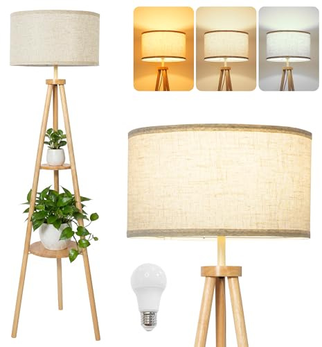 LuminexDesigns Lámpara de Pie Trípode de Madera con 2 Estantes – Estilo Boho Escandinavo, Pantalla de Tela Beige, Casquillo E27, Interruptor de Pie, 154 cm, para Salón y Dormitorio