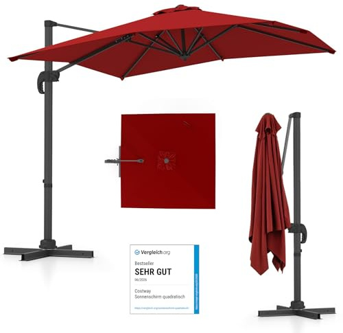 COSTWAY Sonnenschirm rechteckig 250 x 250 cm, großer Ampelschirm mit Kurbel
