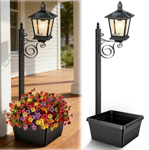 SPEPROECO 2-In-1 Outdoor Flower Pots, Waterproof Solar Lamp Post Light with Planter, Auto On/Off, Wall Mount or Freestanding Decorative Solar Lamp for Garden, Patio, Front Porch, Back Door