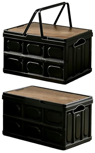 SlateSoul 30L Aufbewahrungsbox mit Deckel, 2er Set - Klappboxen faltbar stabil, Campingbox mit Holzdeckel, kleine Klappbox, handlicher Kofferraum Organizer, Picknickkorb faltbar, 43x30x24cm, Schwarz