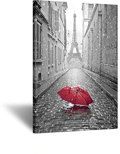 KREATIVE ARTS Black and White Romantic Paris Street Contemporary Art Poster Prints Eiffel Tower with Red Umbrella Photography Framed Wall Mounting Ready to Hang 24x36inch