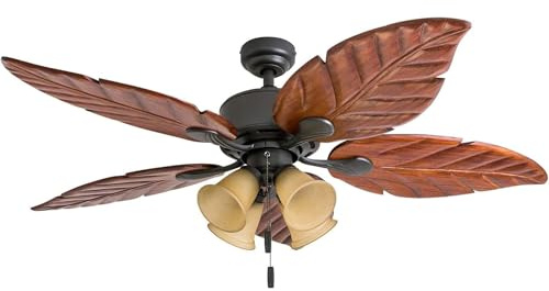 Honeywell Ceiling Fans Royal Palm, 52 Inch Tropical LED Ceiling Fan with Light, Pull Chain, Three Mounting Options, Hand Carved Solid Wood Blades - Model 50503-01 (Bronze)