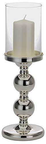 Glas-Windlicht Ø 11.5 cm innen & außen - große runde Tisch-Deko Windglas-Säule 34 cm mit Fuß - versilberter Kerzenhalter & Kerzenständer für große Stumpenkerzen zum hinstellen