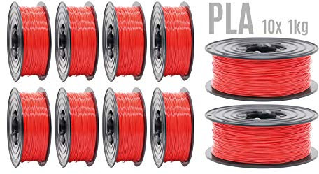 PLA Filament 3D Drucker 1,75mm / 10x 1kg Rolle Rot für 3D Printer oder Stift 10er Set (10Kg) …