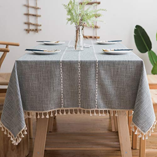 Pahajim Square Tablecloth Washable Cotton Linen Tassel Table cloth Striped Wrinkle Free Table Cover for Outdoor, Kitchen, Dining, Tabletop Decoration(Gray,55 x 55 inch)