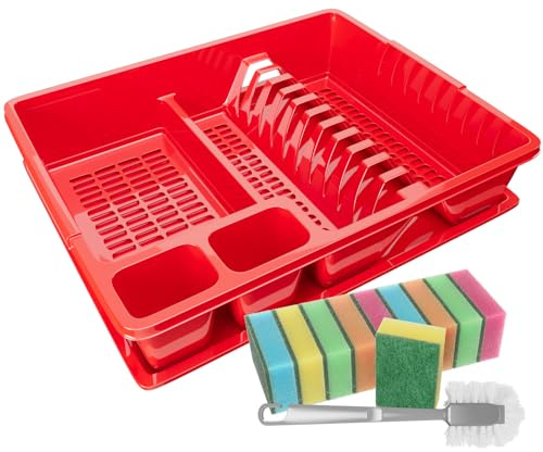 WELLGRO Abtropfgestell aus Kunststoff mit Reinigungsbürste und 10 Schwämmen - 44x35x9 cm (LxBxH) - Schale Geschirrkorb Abtropfkorb Abtropfgitter für Spüle Made in Europe, Farbe:Rot