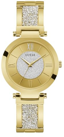 Guess Damen Armbanduhr Aurora, goldfarbenes Edelstahlarmband, Mineral Glas, goldenes Ziffernblatt, 3 Bar, Gehäusedurchmesser: 36,5 mm,