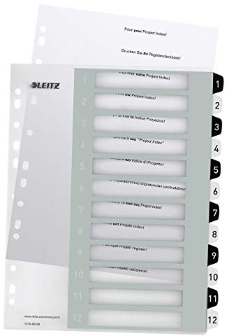 Leitz WOW Utskrivbart register, A4, extra brett, tolv numrerade flikar, polypropen, vit/svart, 12160000