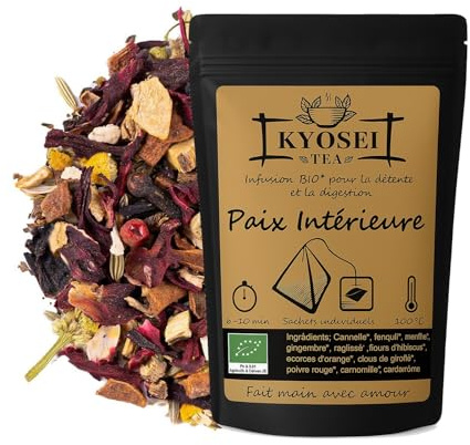 Kyosei Tea – Infusion Bio Premium “Paix intérieure” – 50 Sachets Pyramide Biodégradables – Menthe, Hibiscus, Réglisse, Fenouil & Épices – Sans OGM & Sans Gluten
