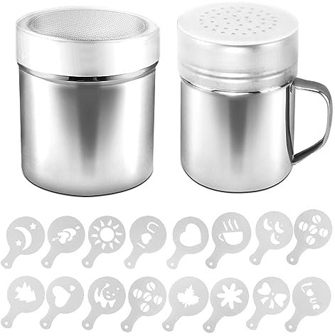 AIFUDA 2 Pcs Stainless Steel Powder Shaker with Lid, 16 pcs Printing Molds Stencils, Powder Cans with Hole or Fine-Mesh for Coffee Cappuccino Latte for Kitchen Baking Cooking