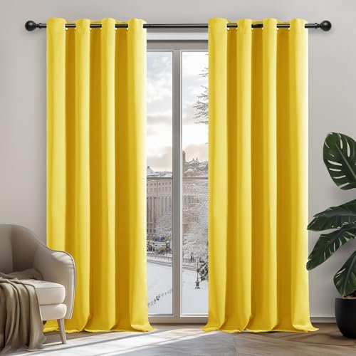 Deconovo Christmas Decorations Home Decoration Blackout Curtains Thermal Insulated Curtains Eyelet Curtains for Girls Bedroom Mellow Yellow W55 x L102 Inch One Pair