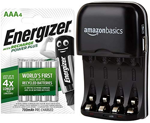 Energizer Rechargeable Batteries AAA, Recharge Power Plus, Pack of 4 & AmazonBasics Ni-MH AA & AAA Battery Charger With USB Port