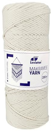 Leviatan Filato Naturale | Cavo Intrecciato Singolo Super Morbido da 200 m | Corda di Filato di Cotone 100% | Macramè per L'artigianato | Decorazioni per Matrimoni e Natale | 3 mm x 200 m | Naturale