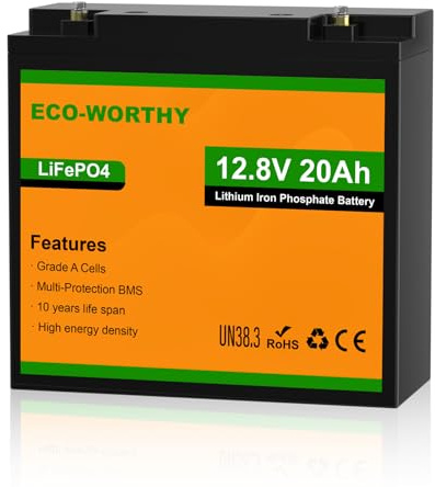 ECO-WORTHY 12V 20Ah LiFePO4 Lithium Battery, 4000+ Deep Cycle Rechargeable Battery with BMS for Fish Finder, Ham Radio, Solar System, Outdoor Camping