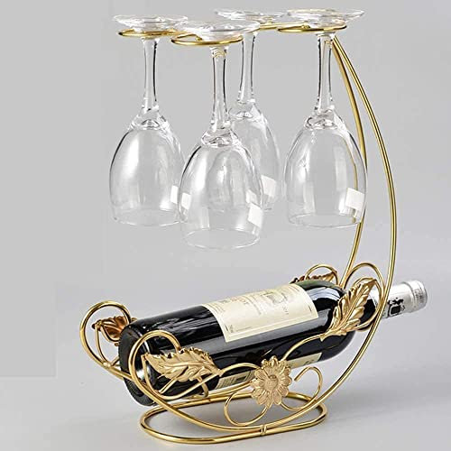 Homya Tabletop Wine Rack - Metal Fine Forged Wine Glass Display Holder, Holds 1 Bottle and 4 Glasses, Gold