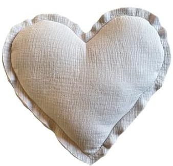 von Herzen Handmade Musselinkissen aus 100% Baumwolle Kuschelkissen I Dekokissen auf Musselin in Herzform I Herzkissen in 32 cm für Sofa & Bett I Handgenähtes Kissen mit Watte gefüllt I Hellgrau