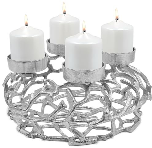 Luxus Adventskranz Ø36cm rund aus Metall Kerzenleuchter Kerzenständer Alu Ständer Adventsdeko Weihnachtskranz Weihnachten Deko Kranz Silber - für Kerzen Durchmesser 8cm