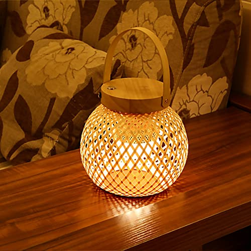 LANMOU Lampada da Tavolo Senza Fili Ricaricabile Lanterne in Bambù Intrecciato Lampada da Tavolo LED Dimmerabile Touch 3000K Lampada da Comodino Rustico Portatile con Batteria da 1600 mAh