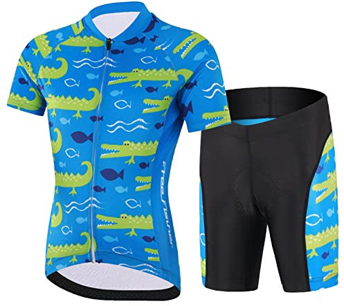 Amur Leopard Kinder Radtrikot Set Jungen Radsport Bekleidung Mädchen Fahrrad Trikot Kurzarm & Kurz Radhose mit Sitzpolster, Blau-Krokodil, 134-140 (Etikettgröße: XL)