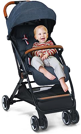 GOPLUS Vikbar barnvagn, resevagn med justerbart ryggstöd och utdragbart tak, bärbar sportvagn med förvaringskorg och låsbara hjul, för baby upp till 3 år gammal (blå)
