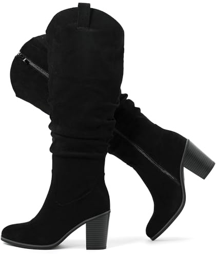 Luoika Women's Extra Wide Calf Cowboy Knee High Boots, Wide Width Cowgirl Slouchy Boots Chunky Pump Heel Plus Size Western Boots.Black 230702 11XW