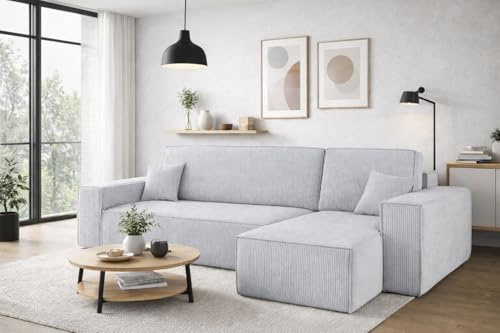 Kaiser Möbel, Ecksofa mit schlaffunktion, mit Bettkasten, Schlafsofa Best, Designer Sofa, Modern Design Couch, Polsterecke, Freistehend, Dicker Cord, Grau Rechts