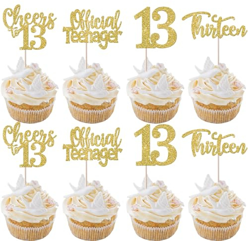 Rsstarxi Confezione da 24 topper per cupcake per 13° compleanno, glitterati, ufficiali, 13 tredici stecchini per cupcake, per applausi fino ai 13 anni, 13° compleanno, anniversario di matrimonio,