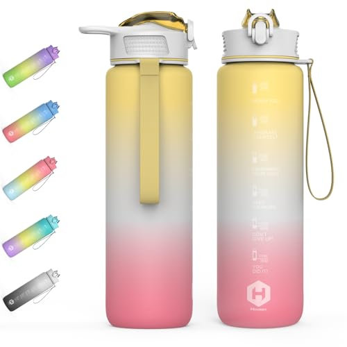 HOMEEX 1L (32oz) Motivational Water Bottle, BPA-free Sports Water Bottle with Time Marker - Quotes - One-Click Technology Ideal for Jogging, Hiking, Office, School, Adults, Children (Blue & Orange)