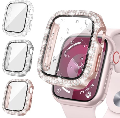 Neitra 3 Stück Glitzer Diaman Hülle für Apple Watch SE Series 654 40mm | Case mit HD Gehärtetes Displayschutz Folie, Bling Schutzhülle Cover Smartwatch Zubehör für iwatch 40mm Frauen Mädchen